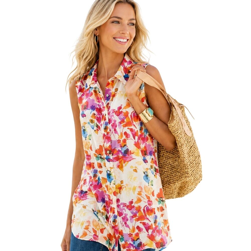 Soft Surroundings Summer Bloom Tunic Womens Medium Watercolor Floral Top Tank